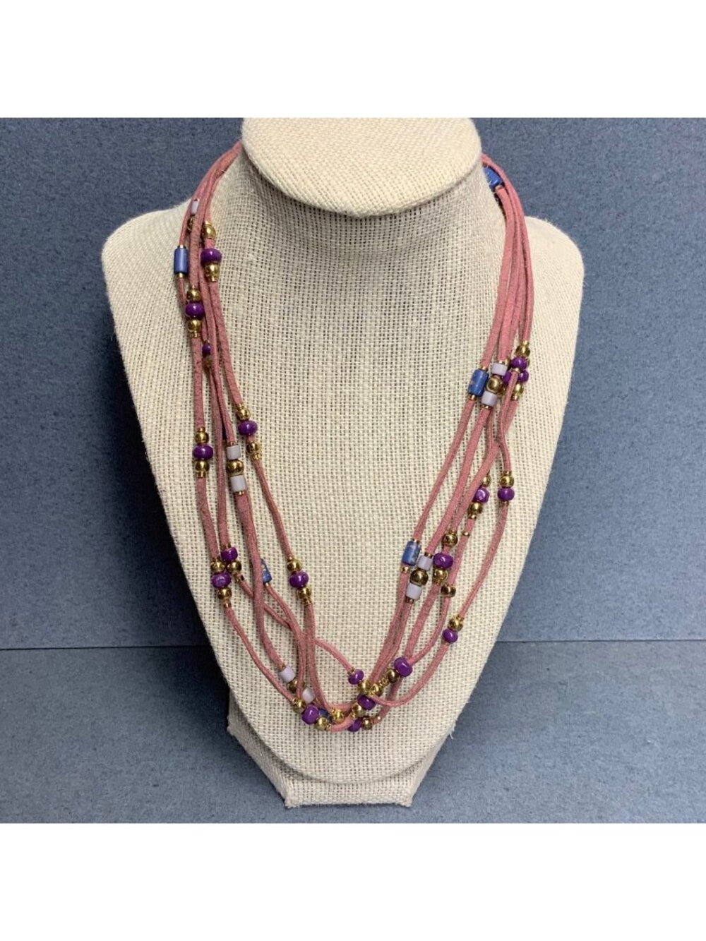 Suede Multi-Cord Necklace 20 In Mauve Purple Blue Beads Cylinder Retro Vintage